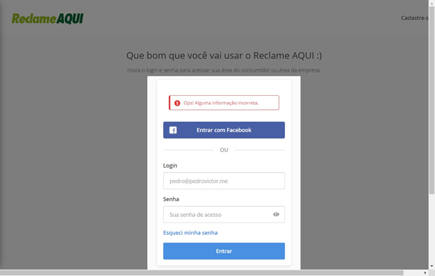 Printscreen da página de Log In do site Reclame Aqui. Ela contém uma imagem de erro acima de tudo escrito 